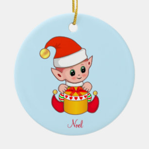 Cute Christmas Elf on Light Blue Ceramic Ornament