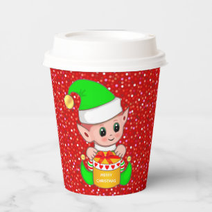 Cute Christmas Elf on Red Glitter Paper Cups