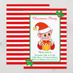 Cute Christmas Elf on Red White Party Invitation