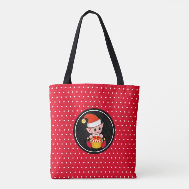 Cute Christmas elf on red & white Tote Bag (Back)