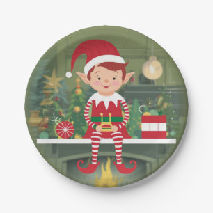Cute Christmas Elf On Shelf Round Paper Plate