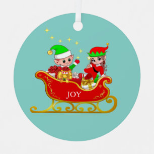Cute Christmas Elf on Sleigh Metal Ornament