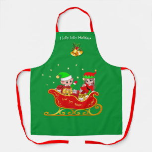 Cute Christmas Elf on Sleigh with Presents Apron