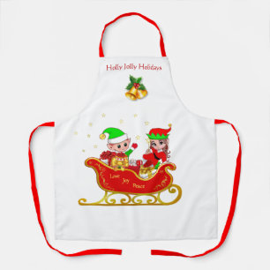 Cute Christmas Elf on Sleigh with Presents Apron