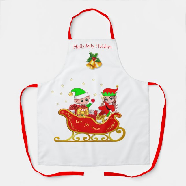 Cute Christmas Elf on Sleigh with Presents Apron (Front)