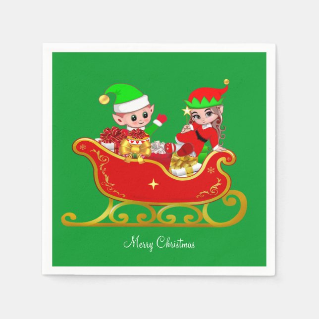 Cute Christmas Elf on Sleigh with Presents Napkins (Front)