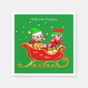 Cute Christmas Elf on Sleigh with Presents Napkins