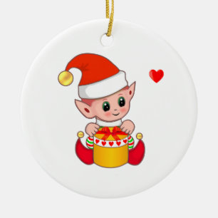 Cute Christmas Elf on White Ceramic Ornament