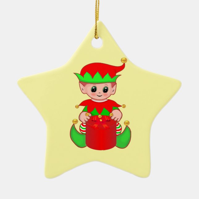 Cute Christmas Elf on Yellow Ceramic Ornament (Front)