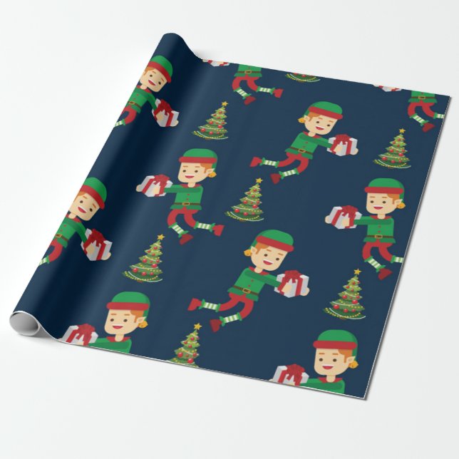 Cute Christmas Elf Pattern Wrapping Paper (Unrolled)