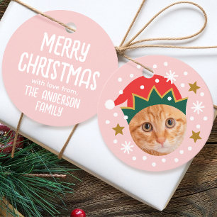 Cute Christmas Elf Pet Photo Custom Name Pink Favour Tags