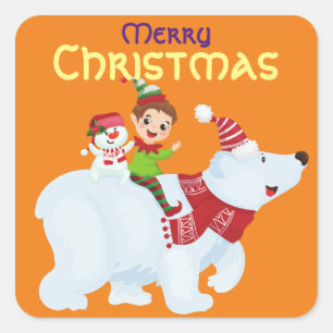 Cute Christmas elf polar bear snowman Square Sticker