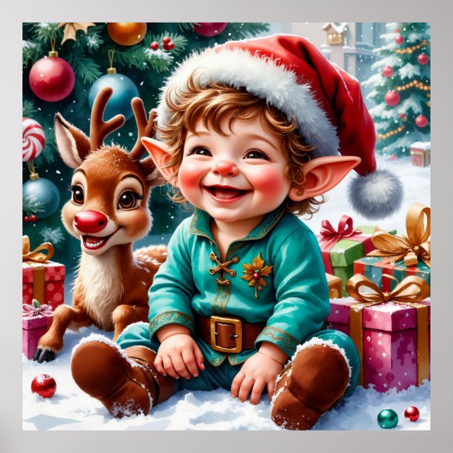 Cute Christmas Elf & Reindeer Poster (Front)