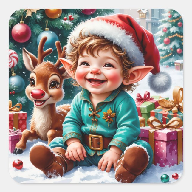 Cute Christmas Elf & Reindeer Square Sticker (Front)
