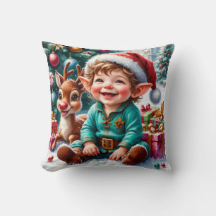 Cute Christmas Elf & Reindeer Throw Pillow