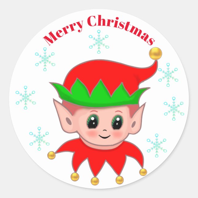 Cute Christmas elf & snowflakes Classic Round Sticker (Front)