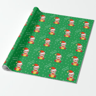 Cute Christmas Elf & Snowflakes on Green Wrapping Paper
