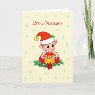 Cute Christmas Elf & Snowflakes on Ivory Holiday Card