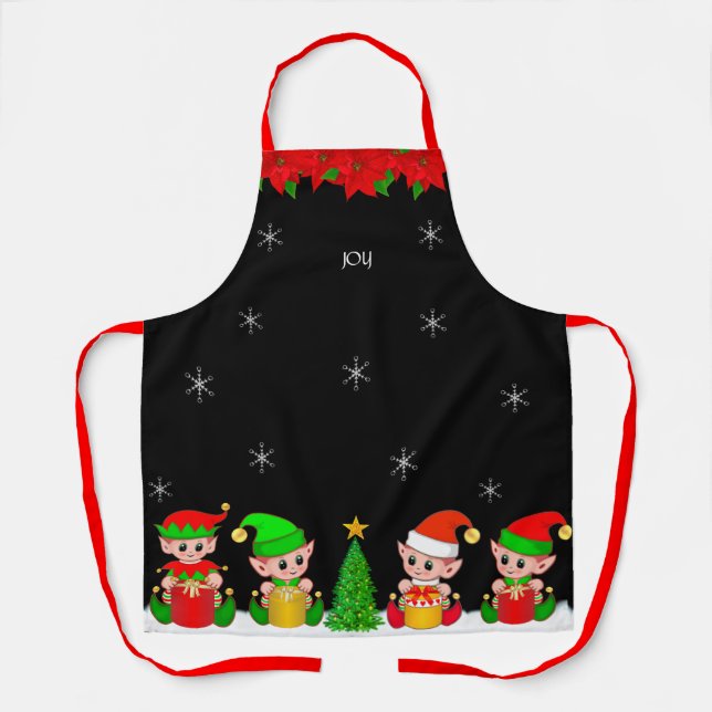Cute Christmas Elf Squad & Snowflakes on Black Apr Apron (Front)