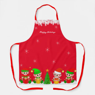 Cute Christmas Elf Squad & Snowflakes on Red Apron