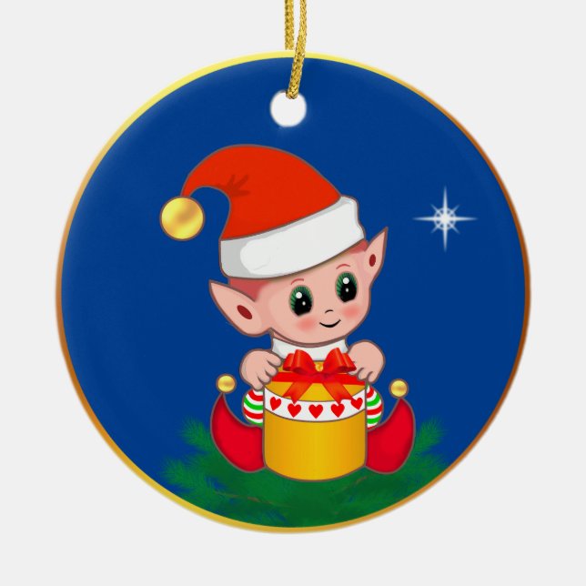 Cute Christmas elf & star on blue Ceramic Ornament (Front)