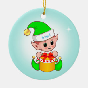 Cute Christmas elf & star on light blue Ceramic Ornament
