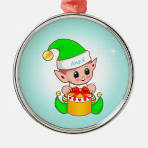 Cute Christmas elf & star on light blue Metal Ornament
