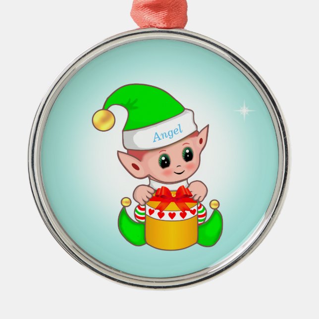 Cute Christmas elf & star on light blue Metal Ornament (Front)