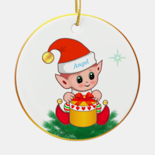 Cute Christmas elf & star on white Ceramic Ornament