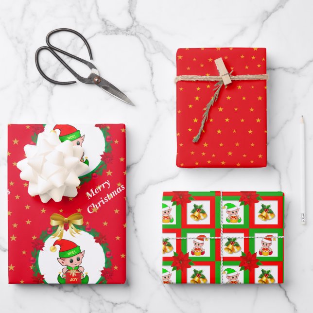Cute Christmas Elf, Stars on Red and Bells Wrapping Paper Sheet (Front)
