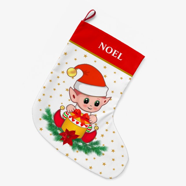 Cute Christmas elf, stars, poinsettia & pine Large Christmas Stocking (Front (Hanging))