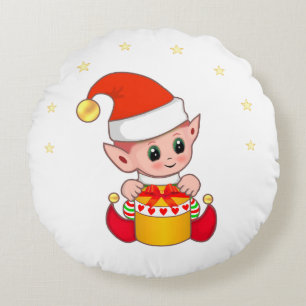 Cute Christmas Elf  & Stars Round Pillow