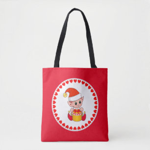 Cute Christmas elf surrounded by hearts on red Tote Bag