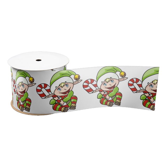 Cute Christmas Elf with Candy Cane Satin Ribbon (Spool)