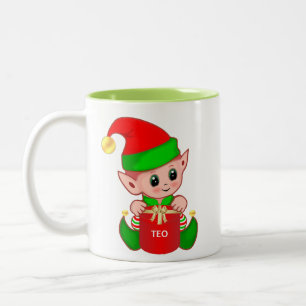Cute Christmas Elf with Gift Box & Editable Text Two-Tone Coffee Mug