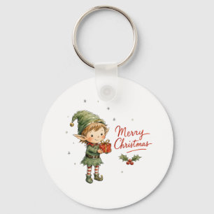 Cute Christmas Elf with Gift Box Keychain