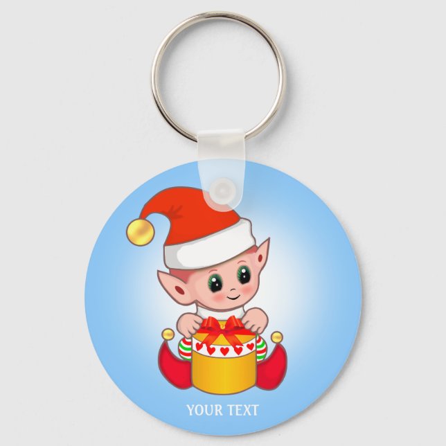 Cute Christmas Elf with Your Text on Light Blue Keychain (Front)