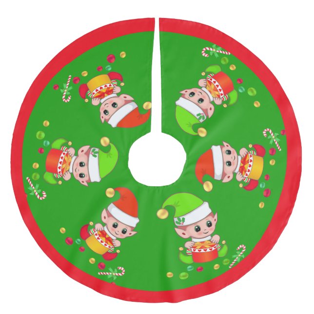 Cute Christmas Elves on Green Brushed Polyester Tree Skirt (Front)