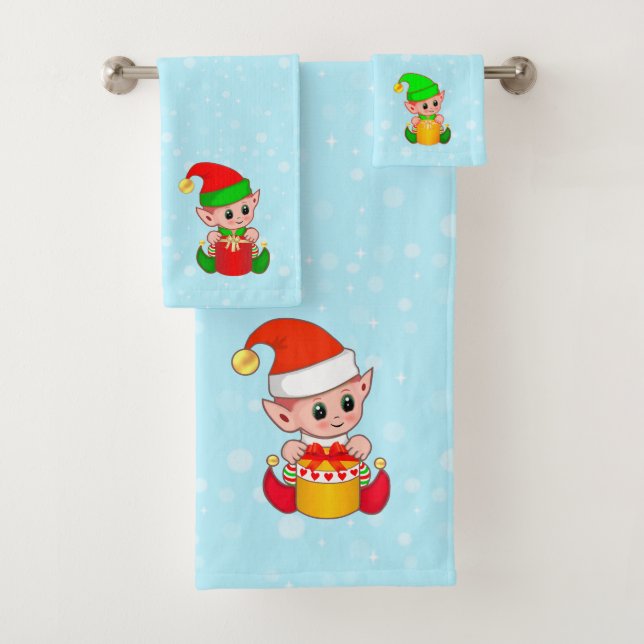Cute Christmas Elves on Light Blue Bath Towel Set (Insitu)