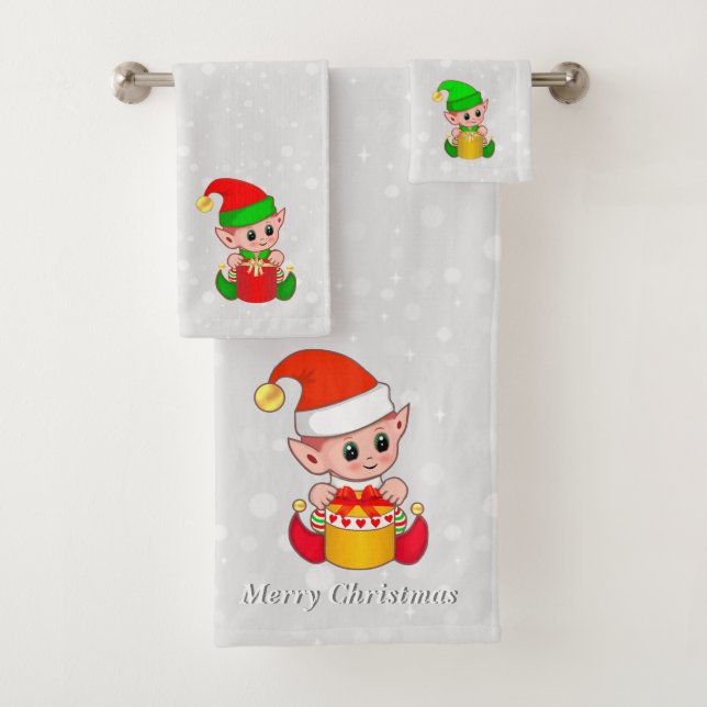 Cute Christmas Elves on Light Silver Grey Bath Towel Set (Insitu)