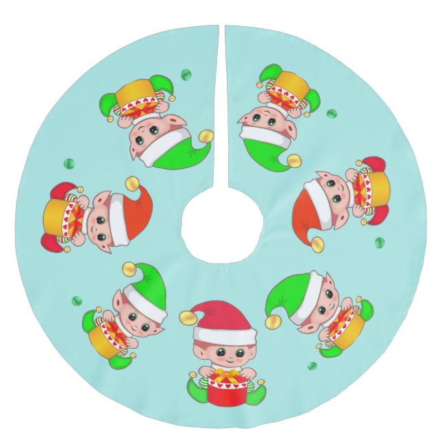 Cute Christmas Elves on Light Teal Brushed Polyester Tree Skirt (Front)