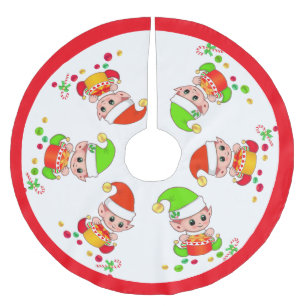 Cute Christmas Elves on White with Red Frame Brushed Polyester Tree Skirt