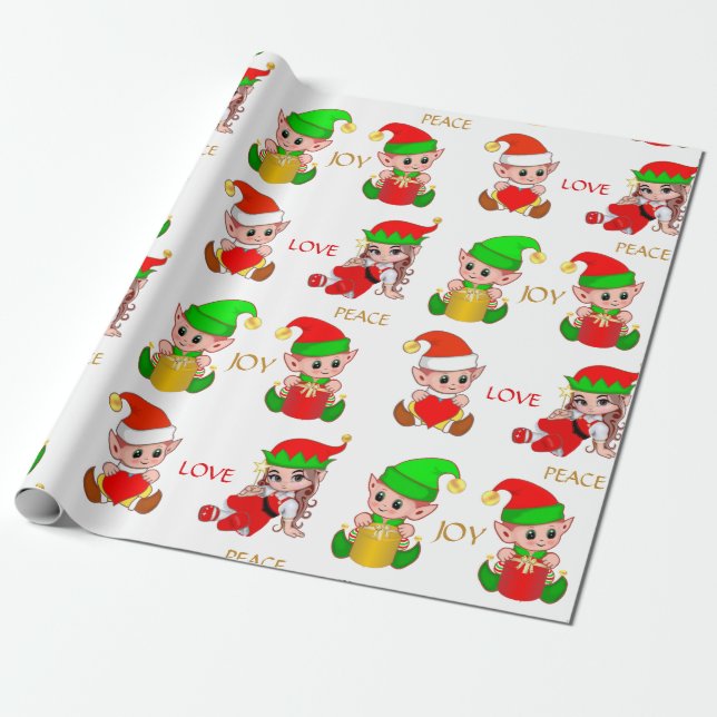 Cute Christmas Elves on White Wrapping Paper (Unrolled)