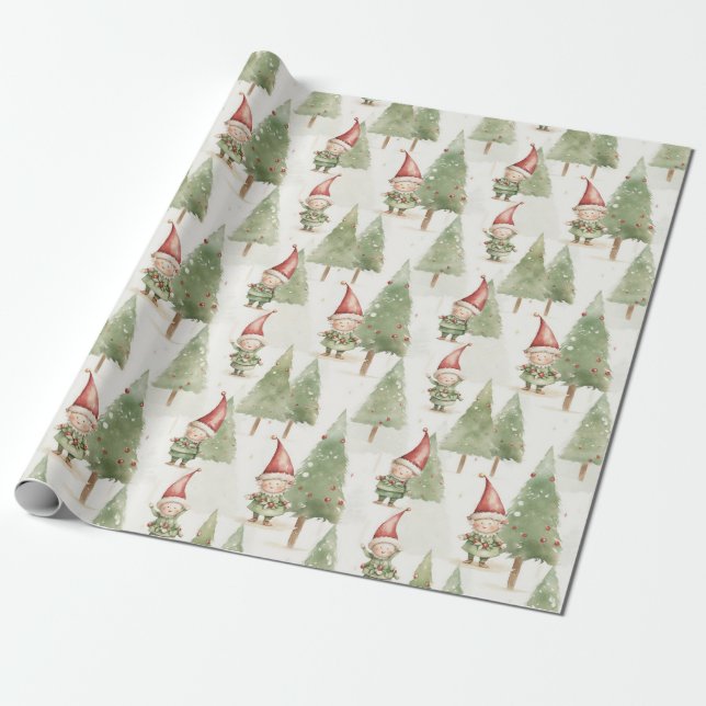 Cute Christmas Elves Wrapping Paper (Unrolled)