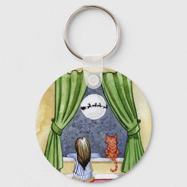 Cute Christmas Eve Child & Kitty Cat Watercolor Keychain (Front)