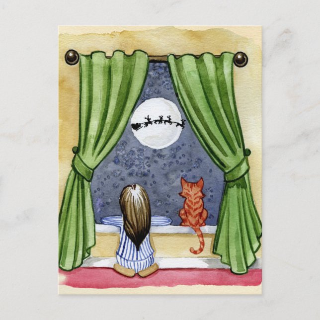 Cute Christmas Eve Child & Kitty Cat Watercolor Postcard (Front)