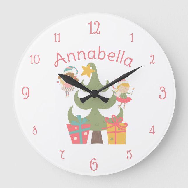 Cute Christmas Fairies Custom Name Large Clock (Front)