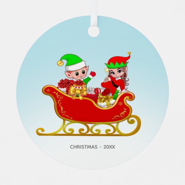 Cute Christmas Fairy & Elf on Sleigh Metal Ornament (Front)