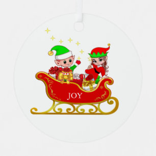 Cute Christmas Fairy & Elf on Sleigh Metal Ornament