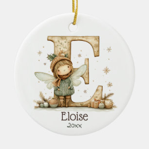 Cute Christmas Fairy Initial Personalized Holiday  Ceramic Ornament